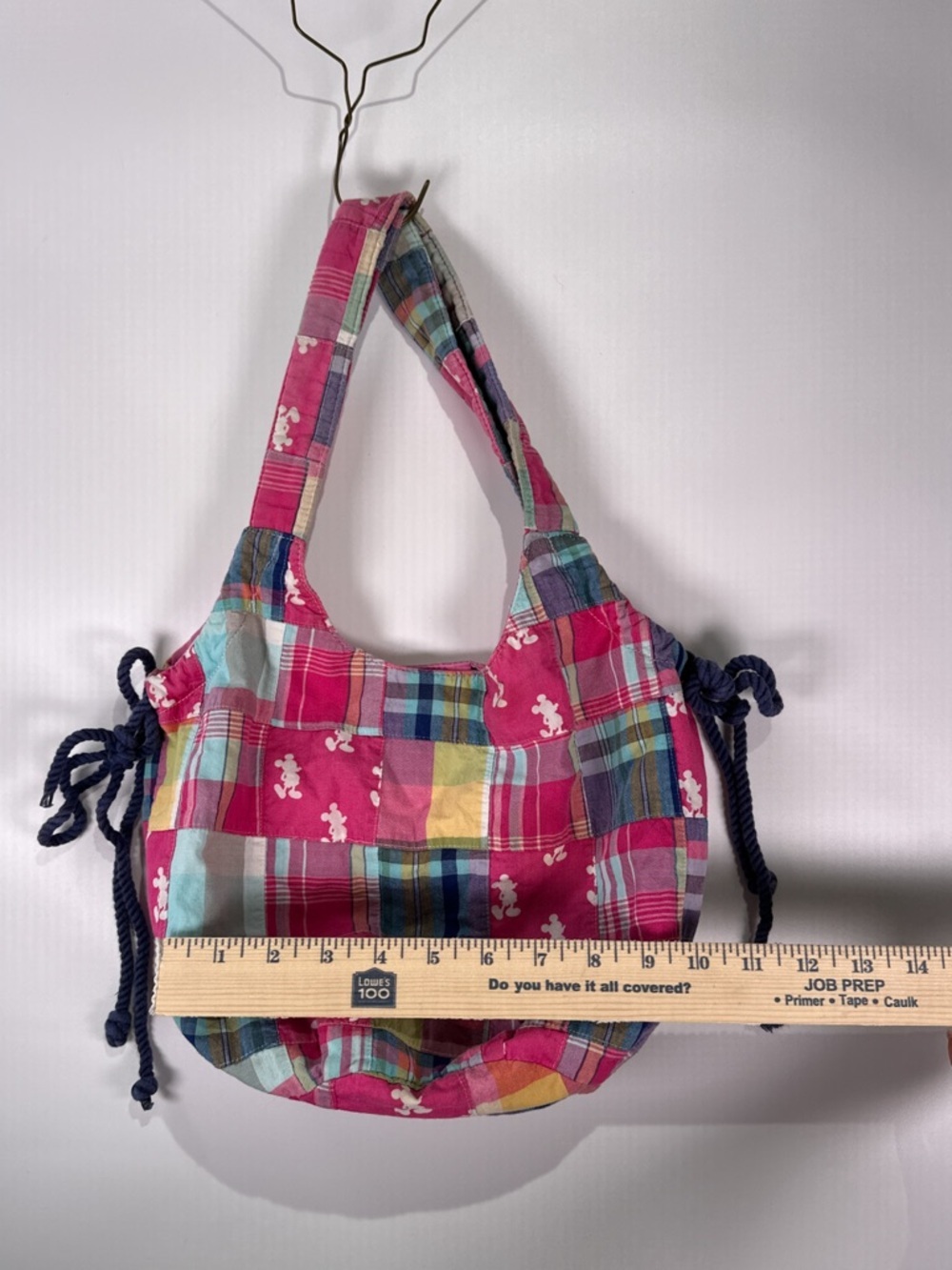 Disney Parks Hobo Bag Mickey Mouse Rope Cinch Plaid Patchwork Pink Multi OS - Picture 13 of 13